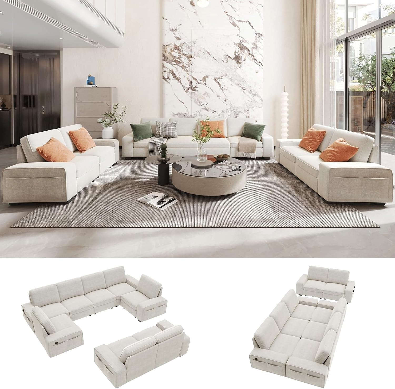 Beige U Shape Sectional Sofa for Living Room/Office 8 Seater Sofa Sets with Large Storage Space Comfy Chenille Cover (4-Seat Modular Sofa & 2×Loveseat Couch)-0