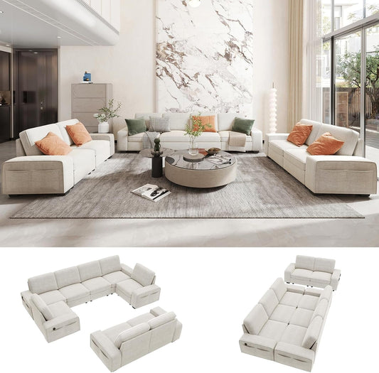 Beige U Shape Sectional Sofa for Living Room/Office 8 Seater Sofa Sets with Large Storage Space Comfy Chenille Cover (4-Seat Modular Sofa & 2×Loveseat Couch)-0