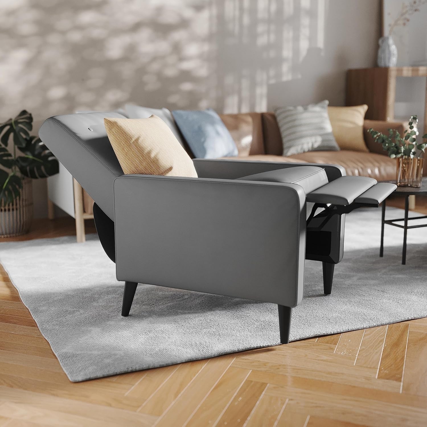 Ezra Pushback Recliner - Mid-Century Modern Light Gray Leathersoft Upholstery - Button Tufted Back - Residential & Commercial Use-4