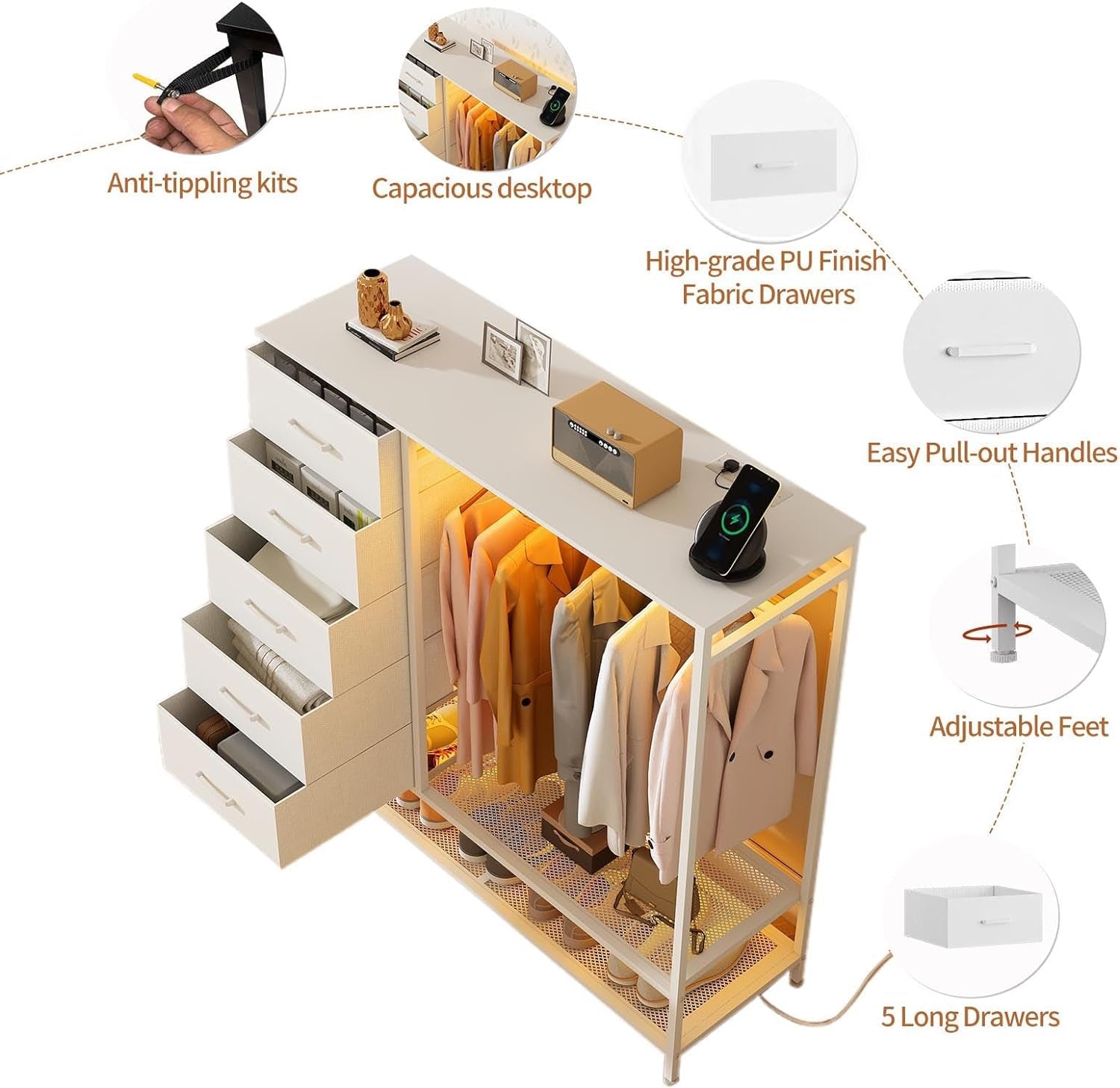 Dresser for Bedroom, Dresser with Hanging Rack Led Lights and Charging Station, White Bedroom Dresser with 5 Fabric Chest of Drawers with PU Finish Storage Organizer, for Living Room Kids Room, White-4