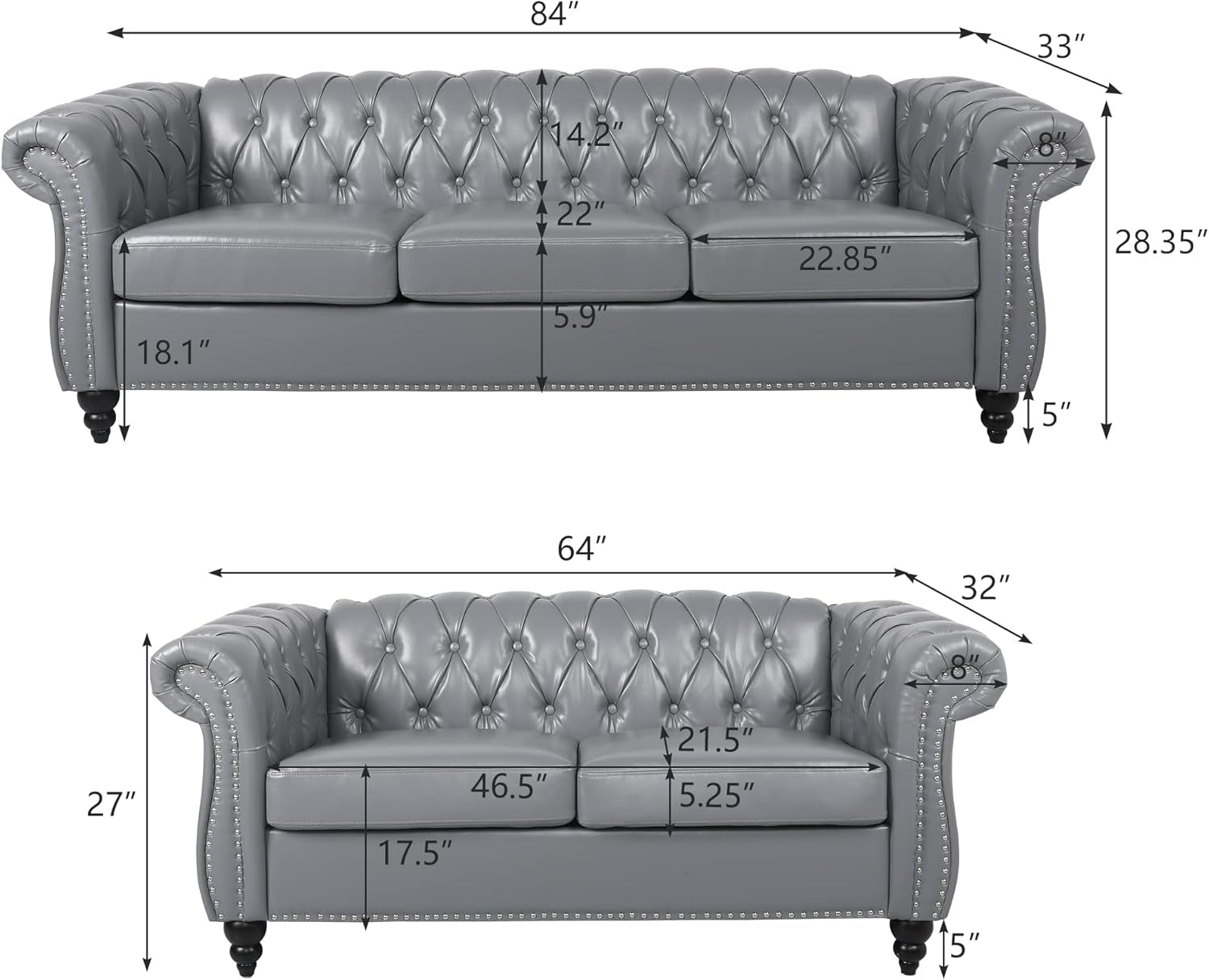 Modern 2 Pieces Living Room Sofa Set, Tufted Button Faux Leather Chesterfield Three-Seater Couch and Chesterfield Loveseat with Nailhead Trim Scroll Arms for Home Furniture, Grey-1