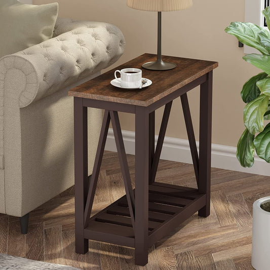 Rustic Espresso Narrow End Side Table with Shelf-0