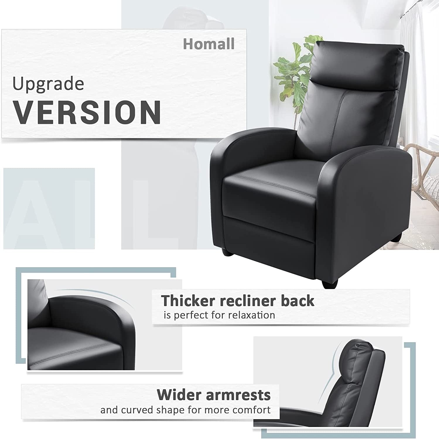 Recliner Chair, Recliner Sofa for Adults, Recliners Home Theater Seating with Lumbar Support, Reclining Sofa Chair for Living Room (Leather, Dark Black)-4
