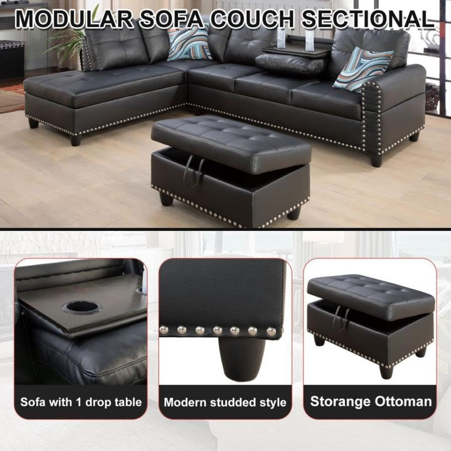 Sectional Couches for Living Room Furniture Sets,L-Shaped Couch W/Cup Holders,Faux Leather Nailhead Trim Sofas with Storage Ottoman and Chaise Lounge for Small Space Apartment-Gray-1