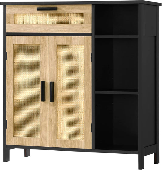 Black Rattan Boho Storage Cabinet with Adjustable Shelves-1