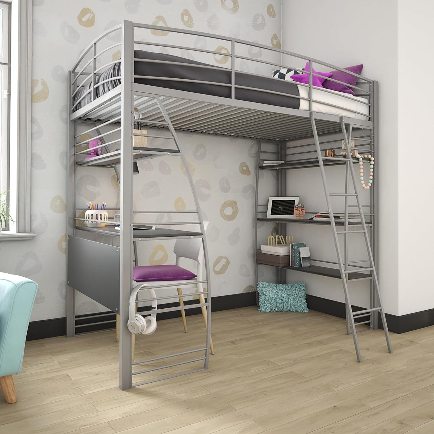 Studio Loft Bunk Bed over Desk and Bookcase with Metal Frame, Twin, Gray Gray-3