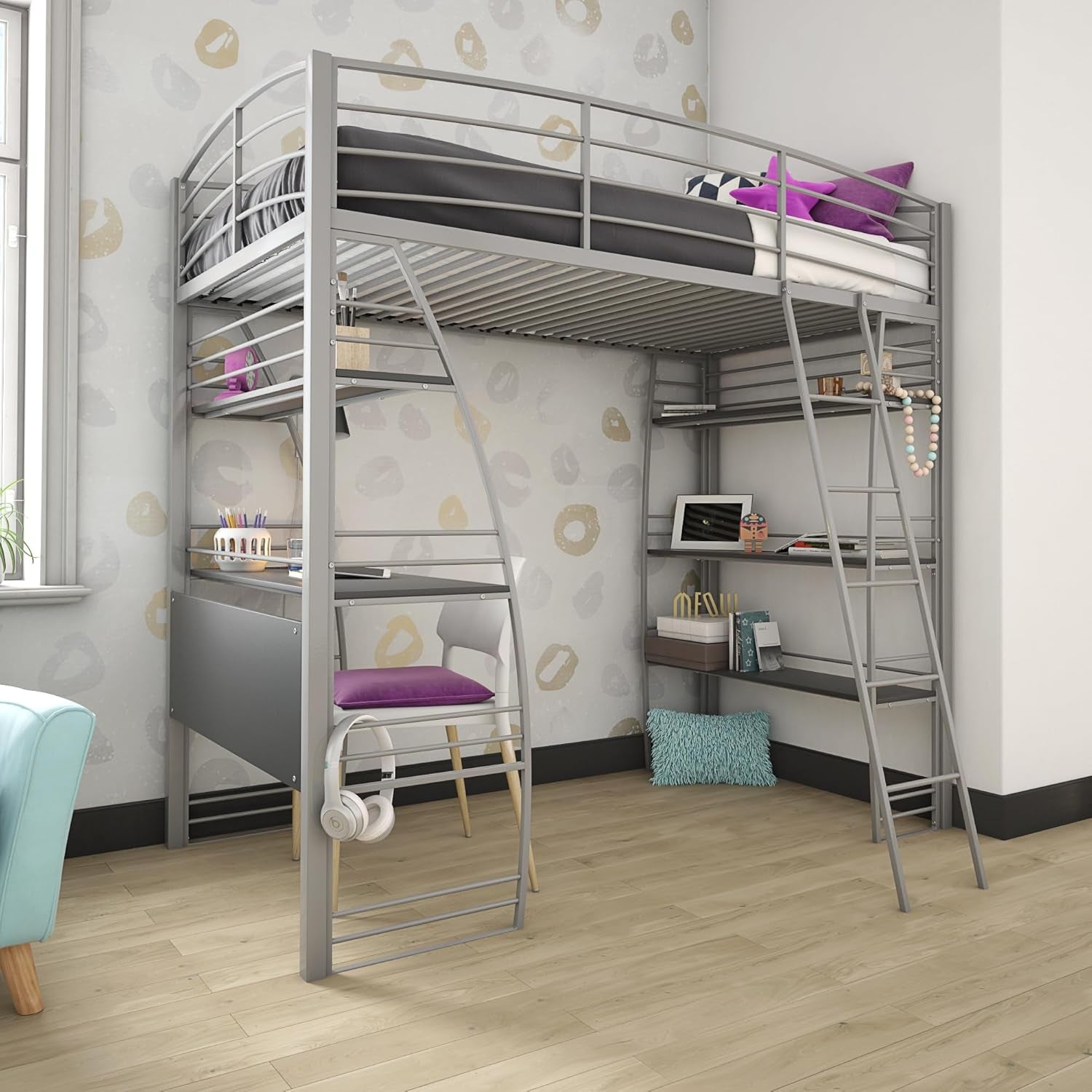 Studio Loft Bunk Bed over Desk and Bookcase with Metal Frame, Twin, Gray Gray-3