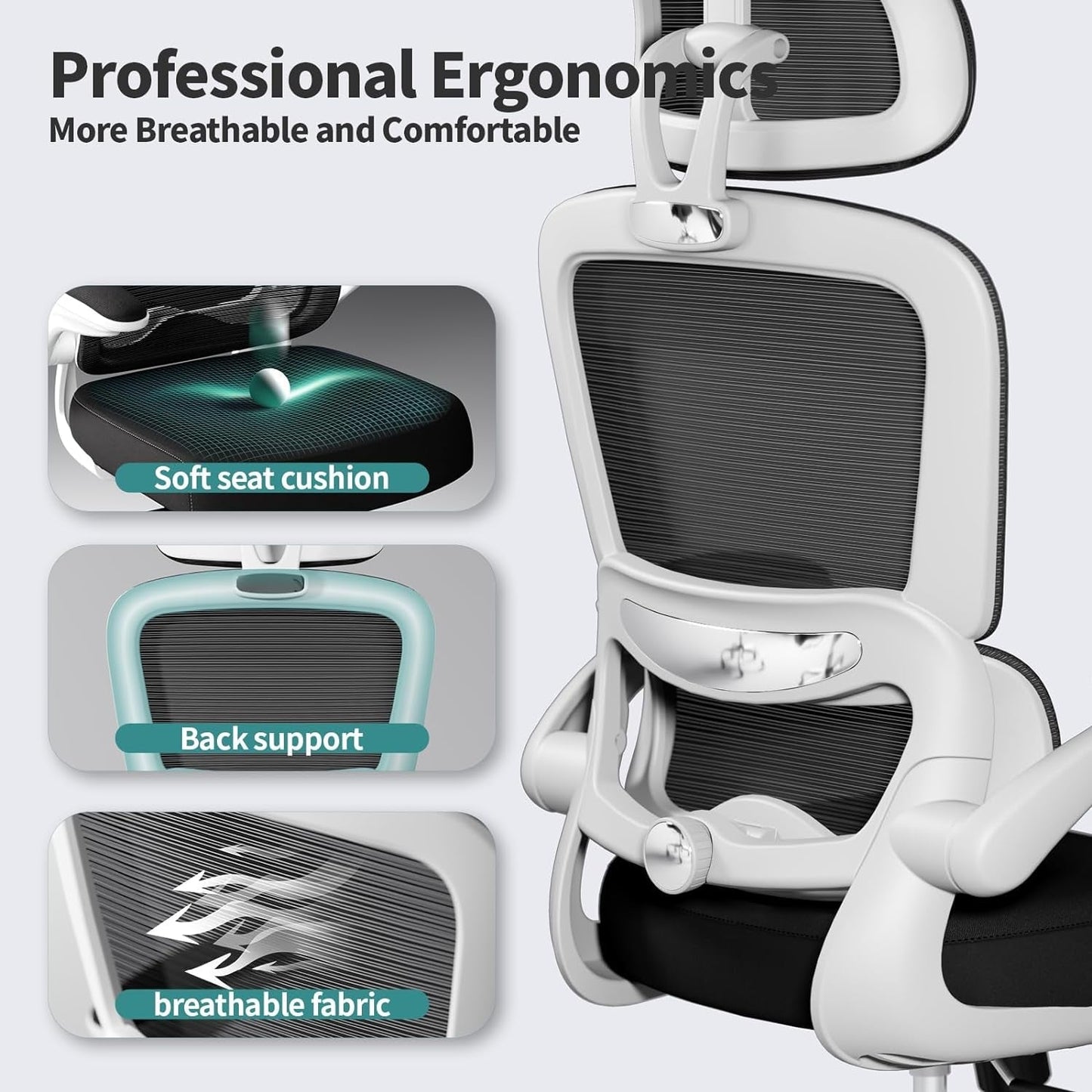 Office Chair Ergonomic Desk Chair, 330 LBS Home Mesh Office Desk Chairs with Wheels, Comfortable Gaming Chair, High Back Office Chair for Long Hours (Black & White)-2