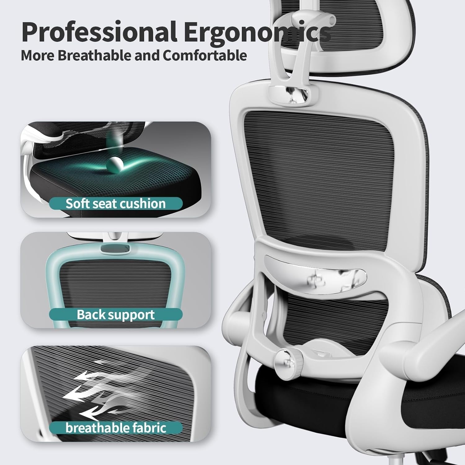 Office Chair Ergonomic Desk Chair, 330 LBS Home Mesh Office Desk Chairs with Wheels, Comfortable Gaming Chair, High Back Office Chair for Long Hours (Black & White)-2