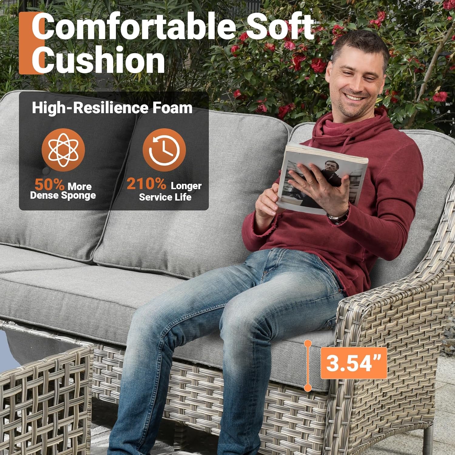 5 Piece Outdoor Patio Furniture with 3 Seat Sofa,Rattan Wicker Coversation Set with Swivel Rocking Chair,Balcony Sofa Set with Shiny Table for outside Porch Backyard Pool,Dark Grey-3