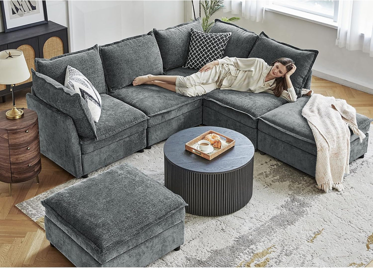 127'' Modular Sectional Sofa, Oversized U Shaped Couch with Storage Ottoman, Extra Deep Seat, Modern Comfy Chenille Sofa with Chaise, 6 Seat Convertible Couches for Living Room, Grey-3