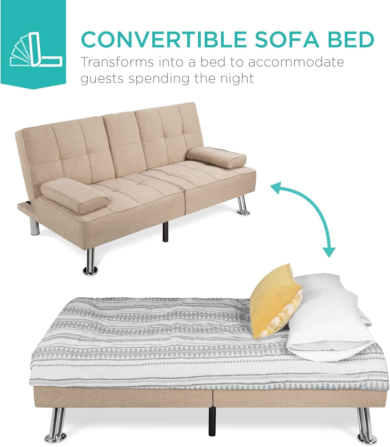 Linen Modern Folding Futon, Reclining Sofa Bed for Apartment, Dorm W/Removable Armrests, 2 Cupholders - Beige-4