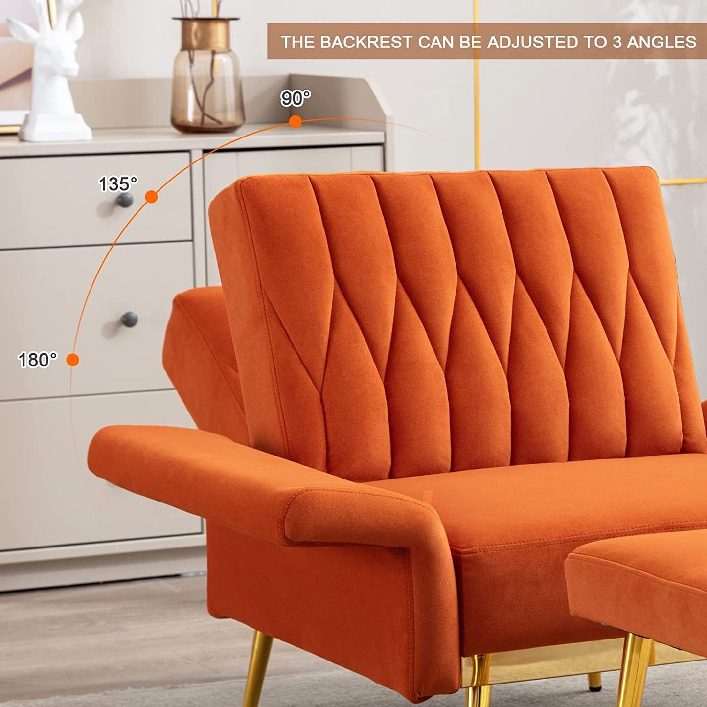 Orange Velvet Chair with Ottoman and Armrests-4