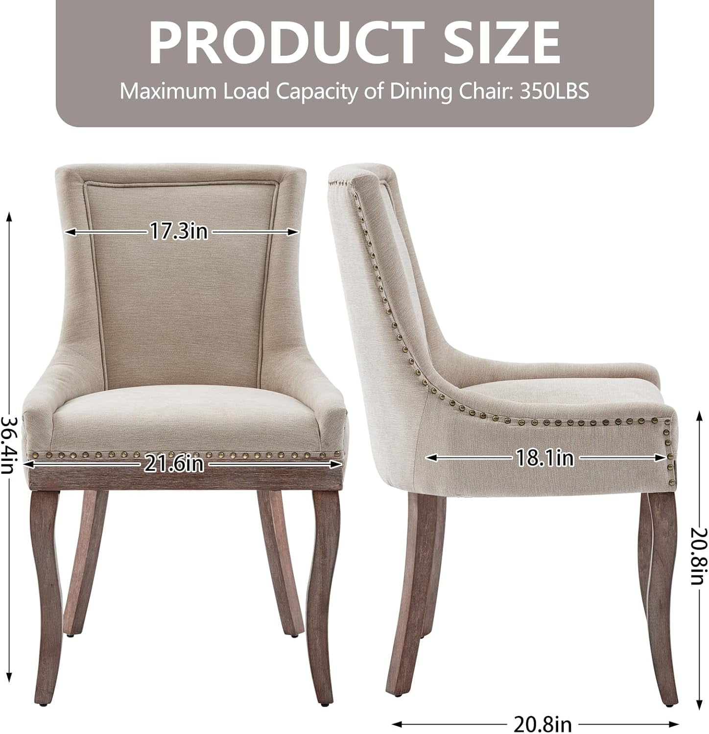 Modern Dining Chairs Set of 2, High Back Dining Chairs Side Chairs with Solid Wood Legs, Upholstered Fabric Dining Room Chairs for Dining Room Kitchen, Beige-2