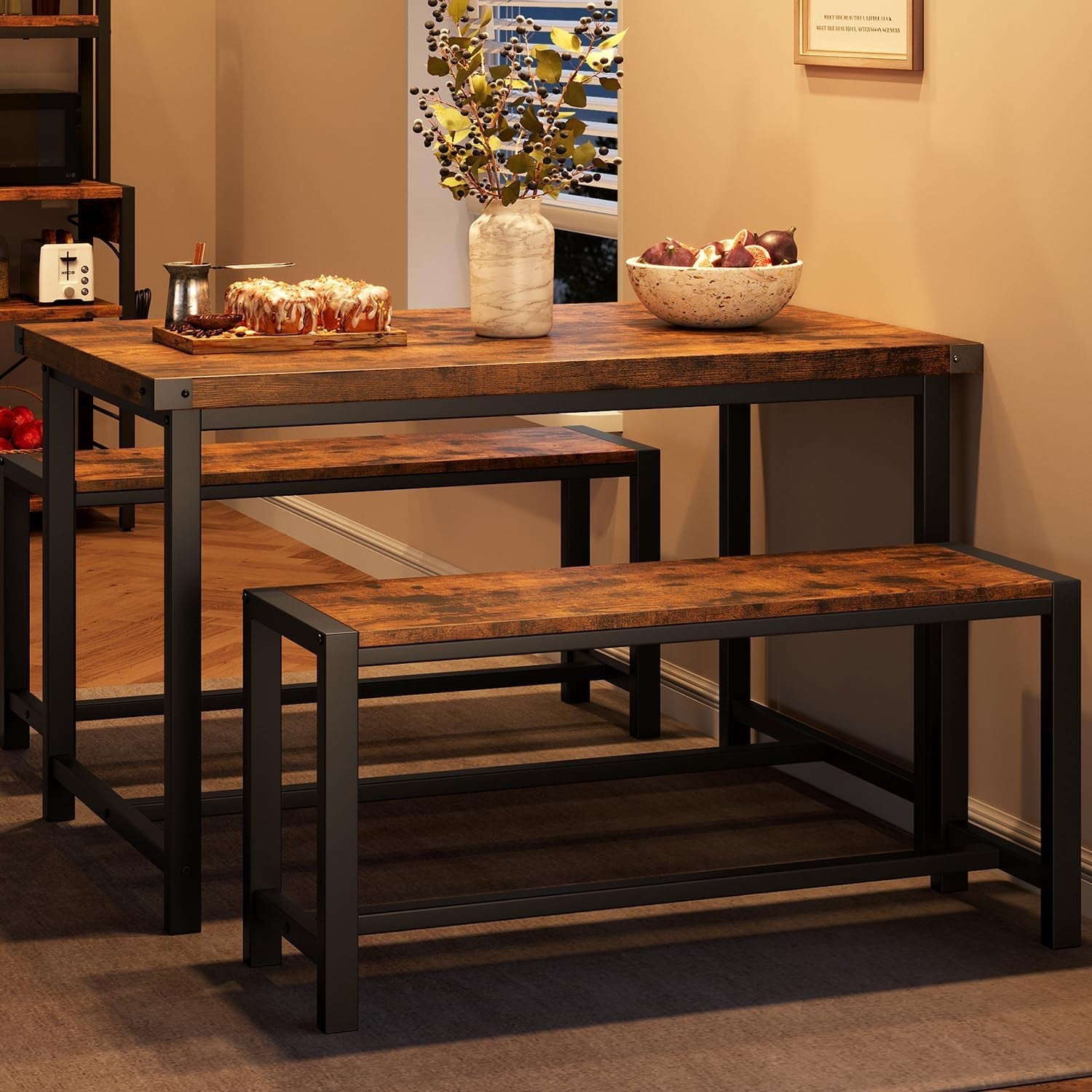 Dining Table Set for 4, Kitchen Table with Benches, Rectangular Dining Room Table Set with 2 Metal Wood Benches, 3 Piece Dining Table Set for Small Space, Apartment, Dinette, Retro Brown-0