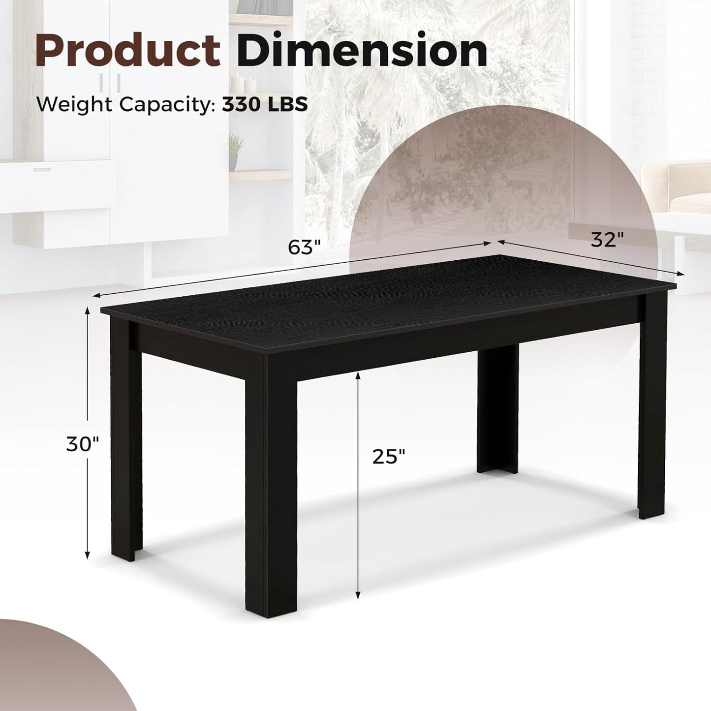 Wood Dining Table for 4-6 People, 63" Wood Rectangle Dinner Table, Modern Kitchen Table with L-Shaped Legs, 330Lbs Weight Capacity, Farmhouse Dinette Table for Dining Room, Living Room, Black-1