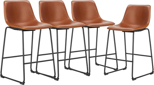 26 Inch Counter Height Bar Stools Set of 4, Modern Faux Leather High Barstools with Back and Metal Leg, Bar Chairs for Kitchen Lsland, Brown-0