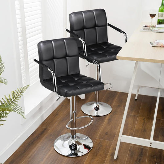 Bar Stools Set of 2, PU Leather Adjustable Swivel Barstools, Hydraulic Kitchen Counter Height Bar Chairs with Armrest and Back for Bar, Kitchen, Dining Room, Black-1