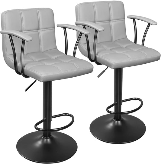 Bar Stools Set of 2, Armrest Adjustable Swivel Barstools with Back, Double Needle PU Leather Counter Height Chairs for Kitchen Lsland (Light Grey)-0