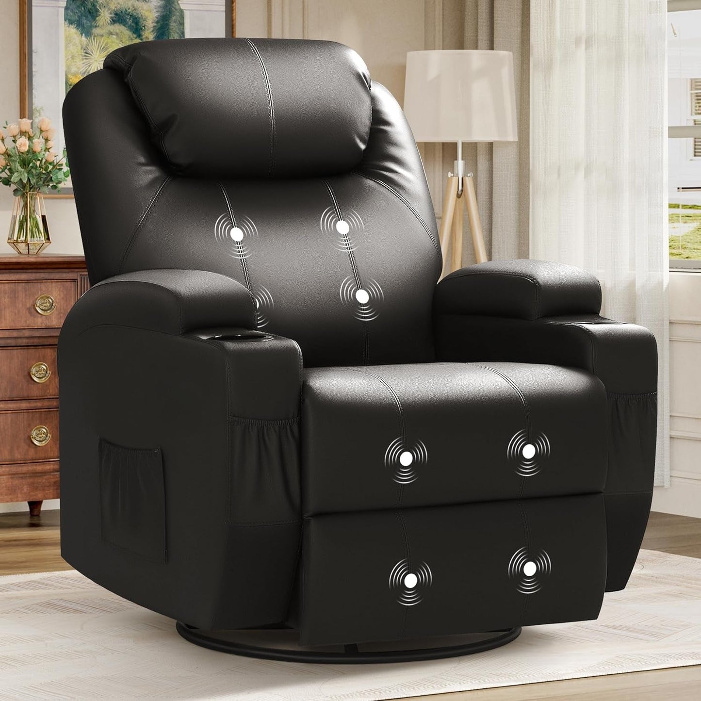 Recliner Chair, Rocking Massage Chairs, Home Reclining Sofa Chair, PU Leather, Ergonomic Living Room Chair with Cup Holders, Remote Control (Black)-0