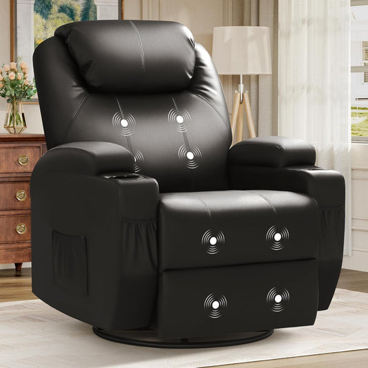 Recliner Chair, Rocking Massage Chairs, Home Reclining Sofa Chair, PU Leather, Ergonomic Living Room Chair with Cup Holders, Remote Control (Black)-0