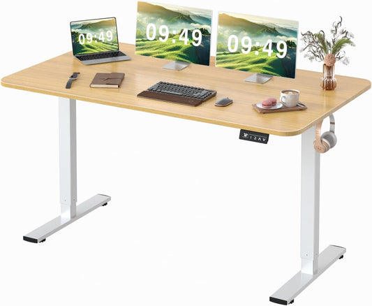 Electric Height Adjustable Standing Desk Large 55 X 24 Inches Sit Stand up Desk Home Office Computer Desk Memory Preset with T-Shaped Metal Bracket, Light Wood-0