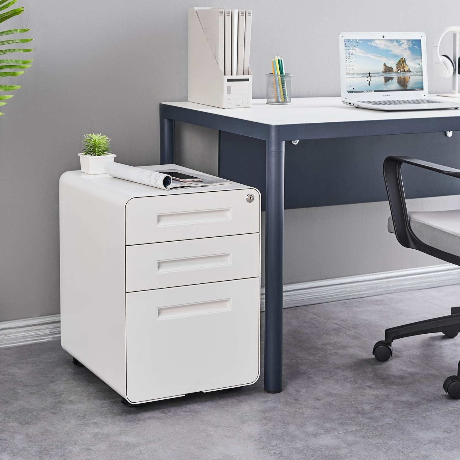 Mobile Filing Cabinet 3 Drawer, White Small File Cabinet with Lock under Desk, Filing Cabinet for Home Office with Wheels, A4/Letter/Legal Hanging File Folders-1