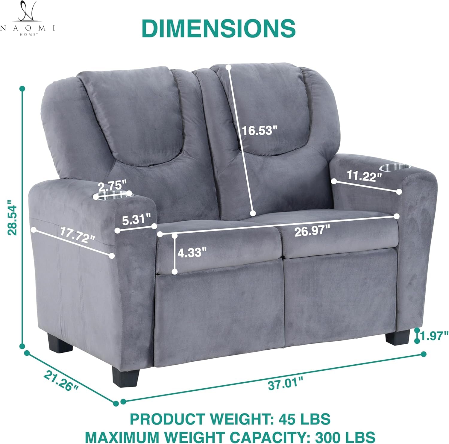 Suri Kids Recliner Loveseat – Spacious Toddler Recliner Chair Ages 3-5 with Cup Holders, Push-Back Function, and Adjustable Footrest - Gray-1