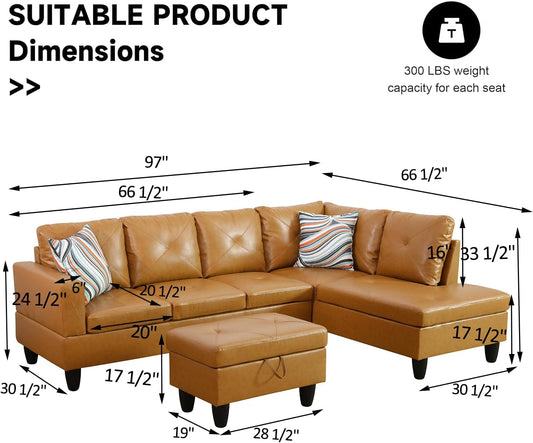 Leather Sectional Sofa Couch,L-Shape Sofa Sectional Couch Set with Storage Ottoman for Living Room/Apartment/Office(Ginger，Facing Right Chaise)-1