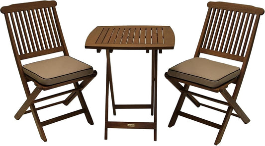 Eucalyptus Wood 3-Piece Square Foldable Bistro Outdoor Furniture Patio Set, Table and 2 Chairs with Cushions, Beige-0