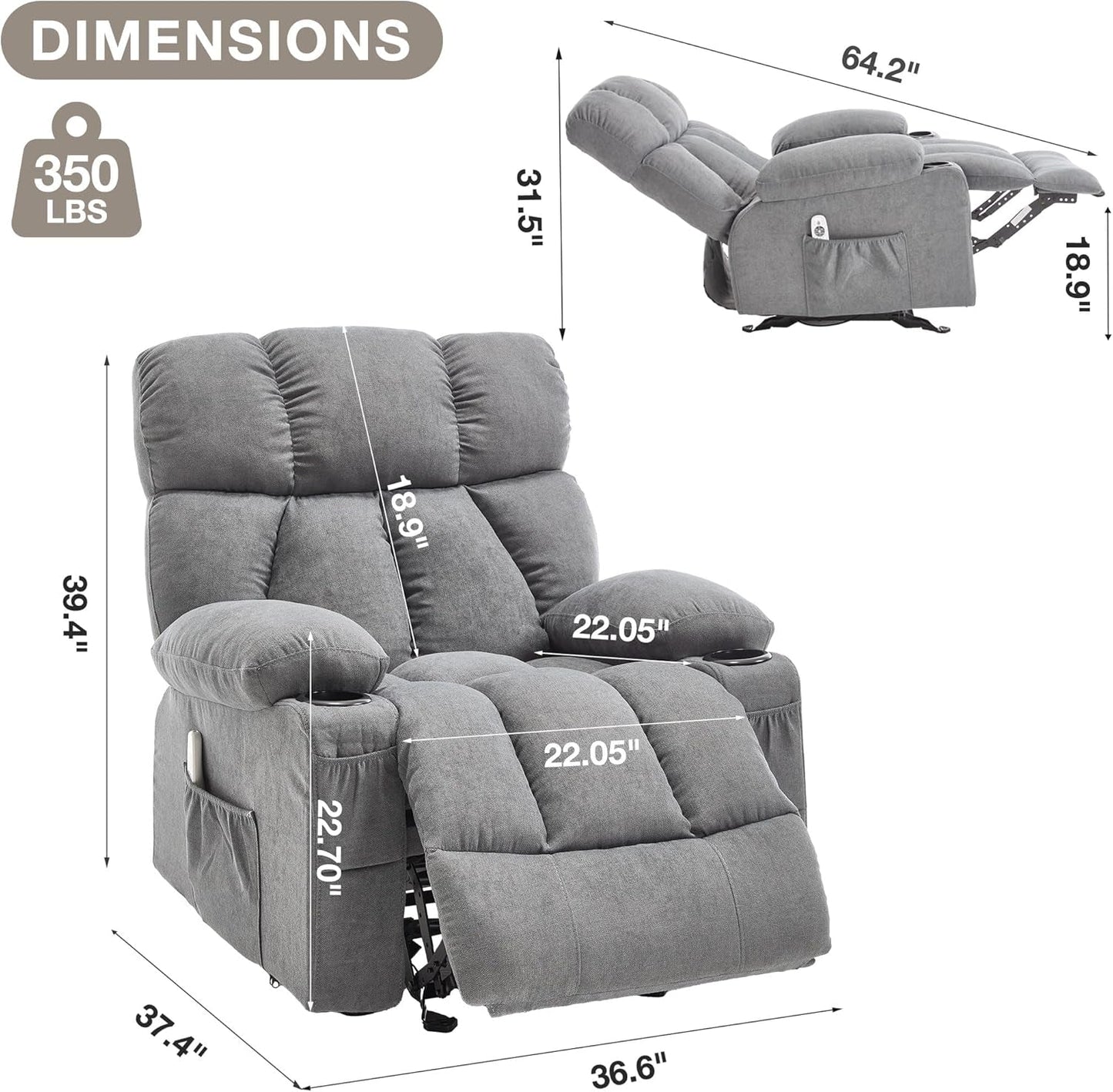 Massage Rocker Recliner Chair with Heat and Vibration Ergonomic Rocking Lounge Chair for Living Room Comfy Overstuffed Recliner with 4 Side Pockets,2 Cup Holders, USB Charge Port, Grey-2
