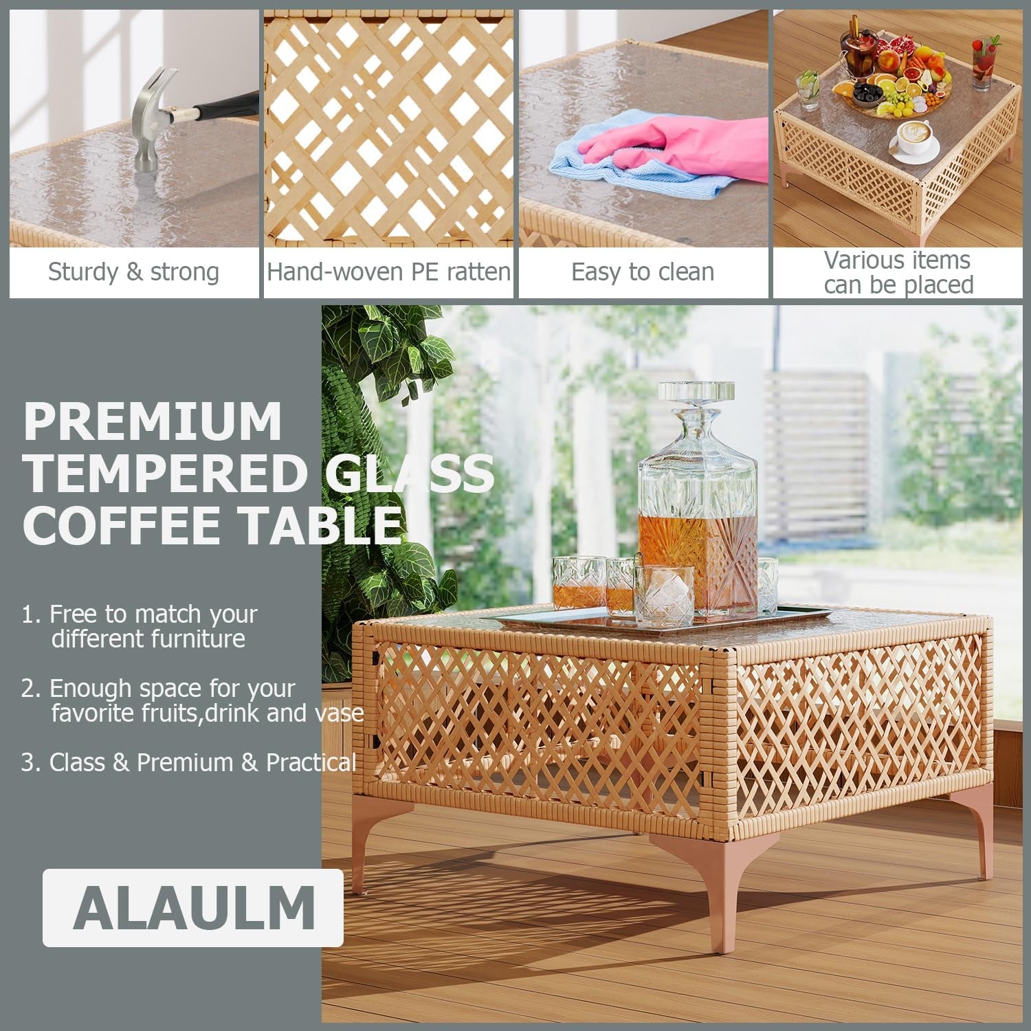 Wicker Outdoor Patio Loveseat , Bohemia Patio Sectional Furniture Set, All-Weather Rattan Patio Couch 2 Seater with Lumbar Pillows, Outdoor Sofa with Large Coffee Glass Table for Patio, Balcony-1