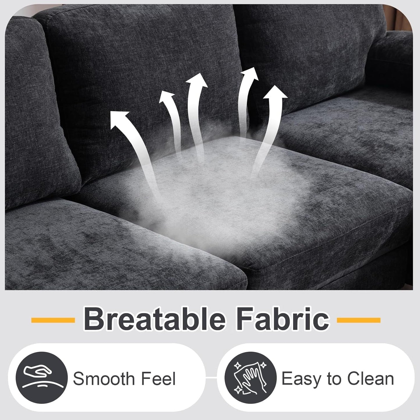 U-Shape Sectional Sofa Couch 111" Modern 4-Seat Sofa with Chaises Chenille Fabric Upholstered Covertible Couch with Wood Grain Legs for Living Room, Reception Room, Apartment, Black-3