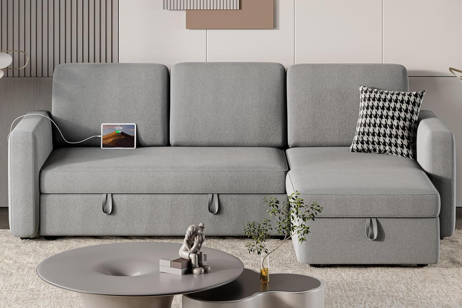 Light Gray L-Shaped Sleeper Sectional, USB, Storage-1