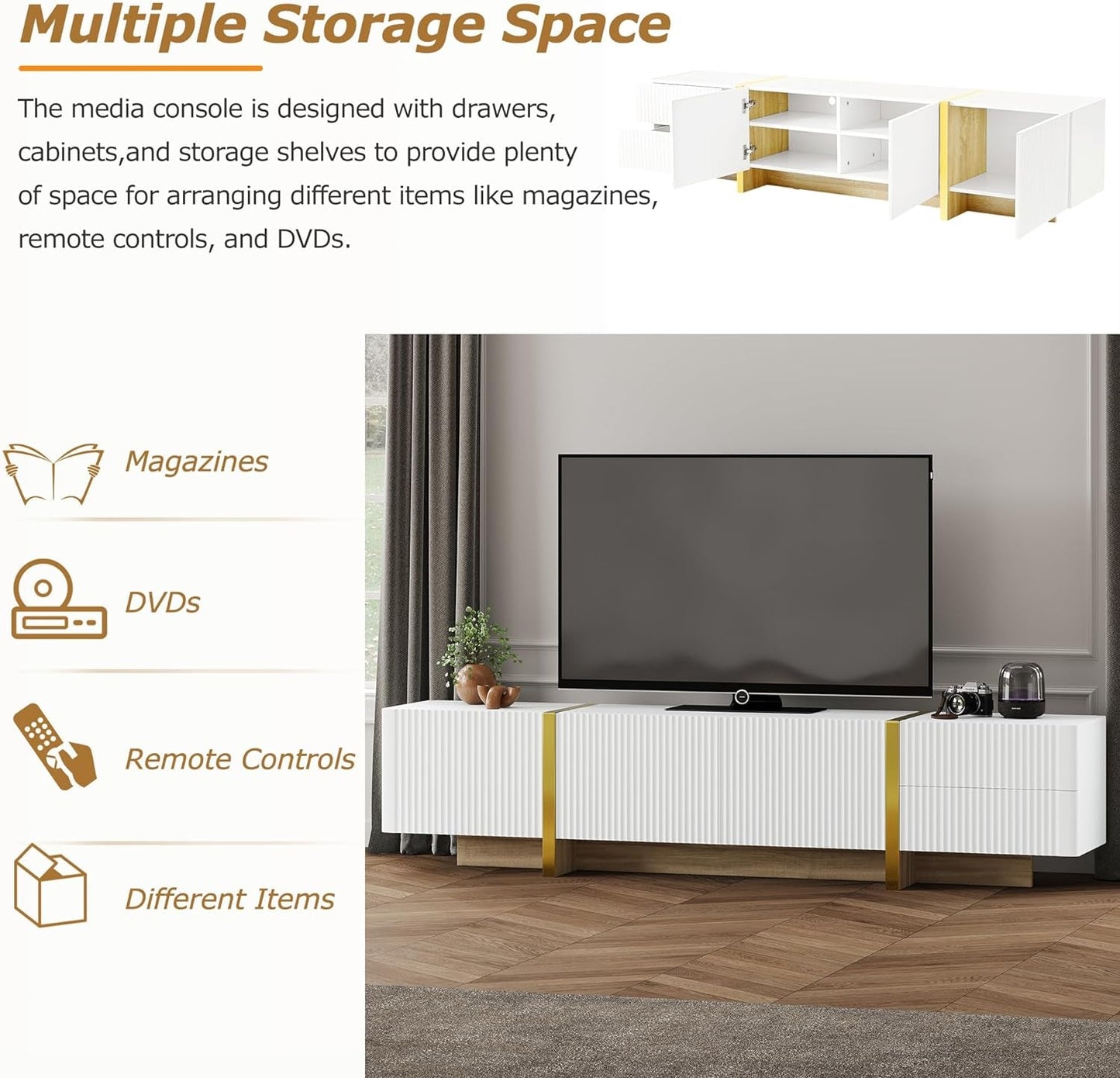 Luxury Fluted TV Stand for Televisions up to 80'', Modern Entertainment Center with Storage Cabinets & Drawers and Golden Wood Grain Legs, Smooth Media Console, for Living Room, White-1
