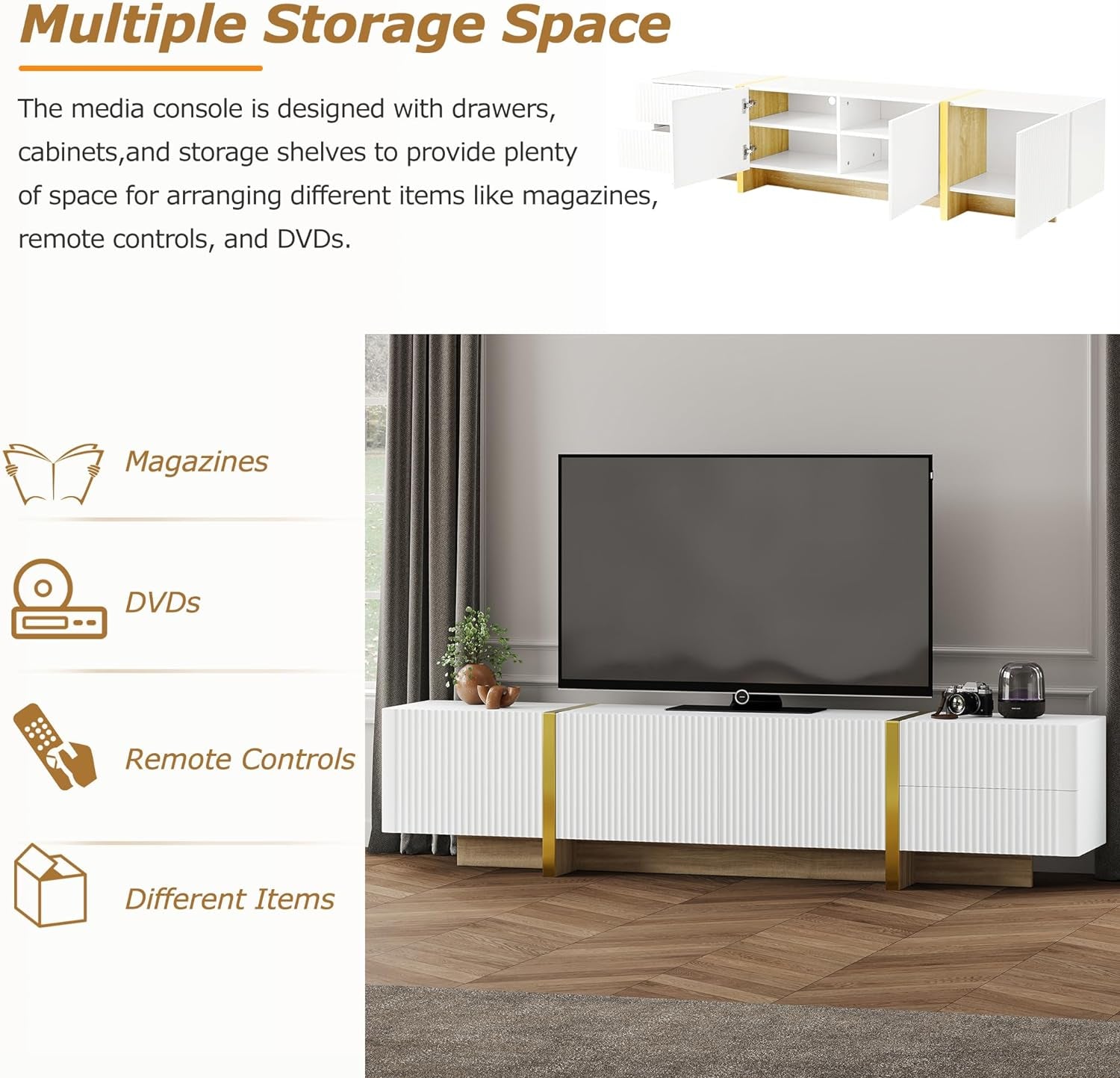 Luxury Fluted TV Stand for Televisions up to 80'', Modern Entertainment Center with Storage Cabinets & Drawers and Golden Wood Grain Legs, Smooth Media Console, for Living Room, White-1