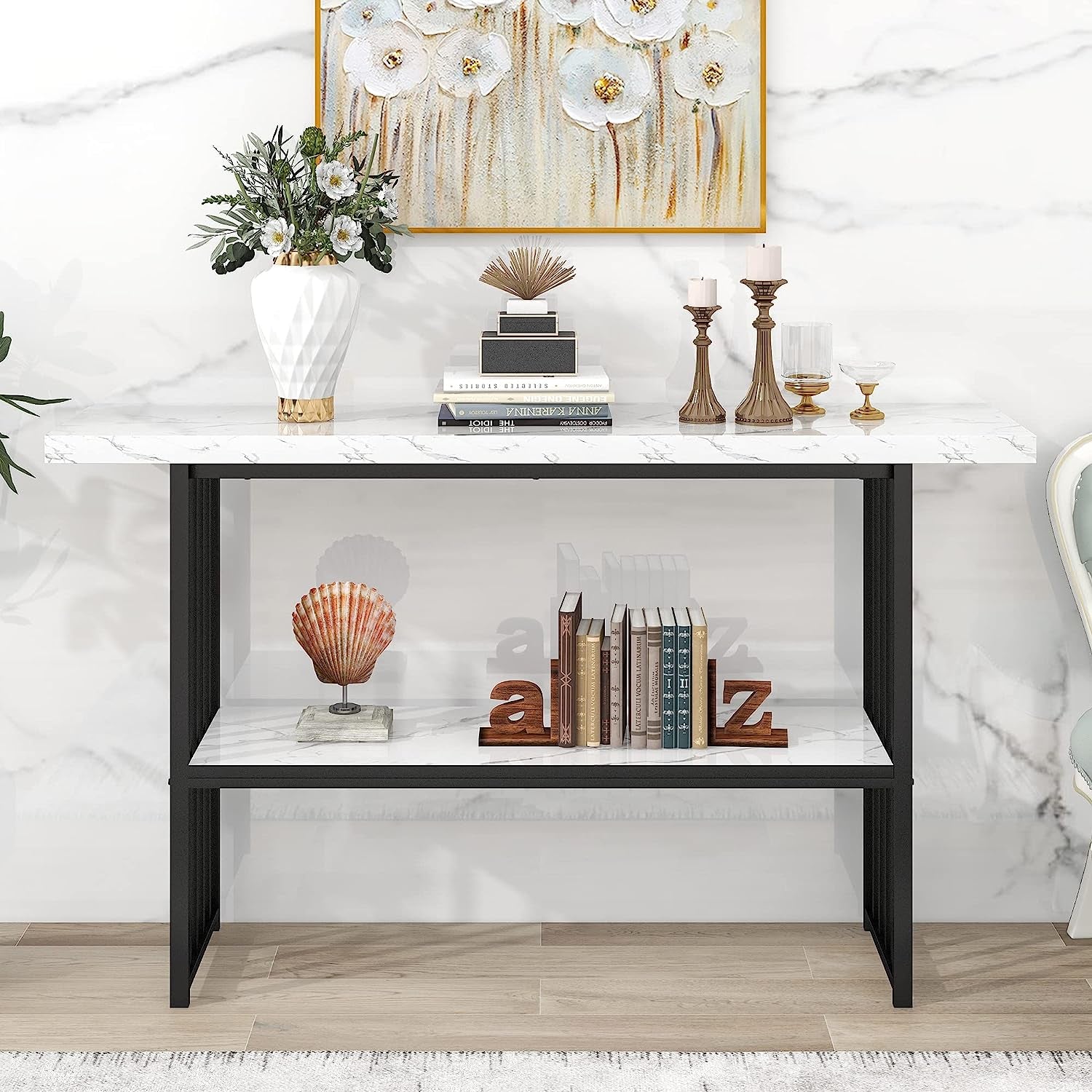 Contemporary Marble Top Console Table with Storage Shelf-0