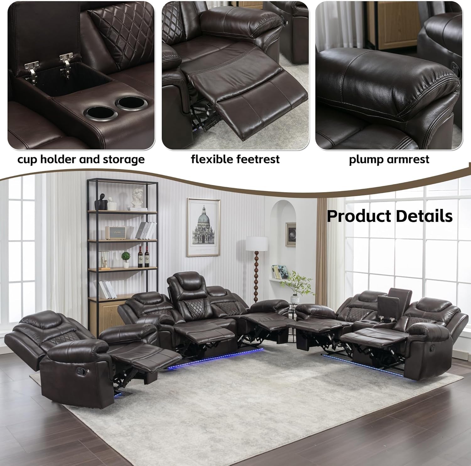 3 Pcs Living Room Furniture Sets,Sectional Recliner Leather Sofa Sets,Home Theater Seating Manual Recliner Sofa with Center Console and LED Light Strip for Living Room,Office. Brown（3+2+1）-4