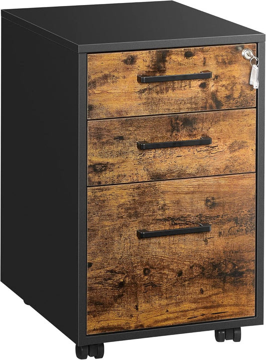 File Cabinet, Pre-Assembled except Wheels and Handles, Office Filing Cabinet with Lock, for A4, Legal, Letter Sized Documents, 17.7 X 14.4 X 23.6 Inches, Rustic Brown and Black UOFC110B01V1-0