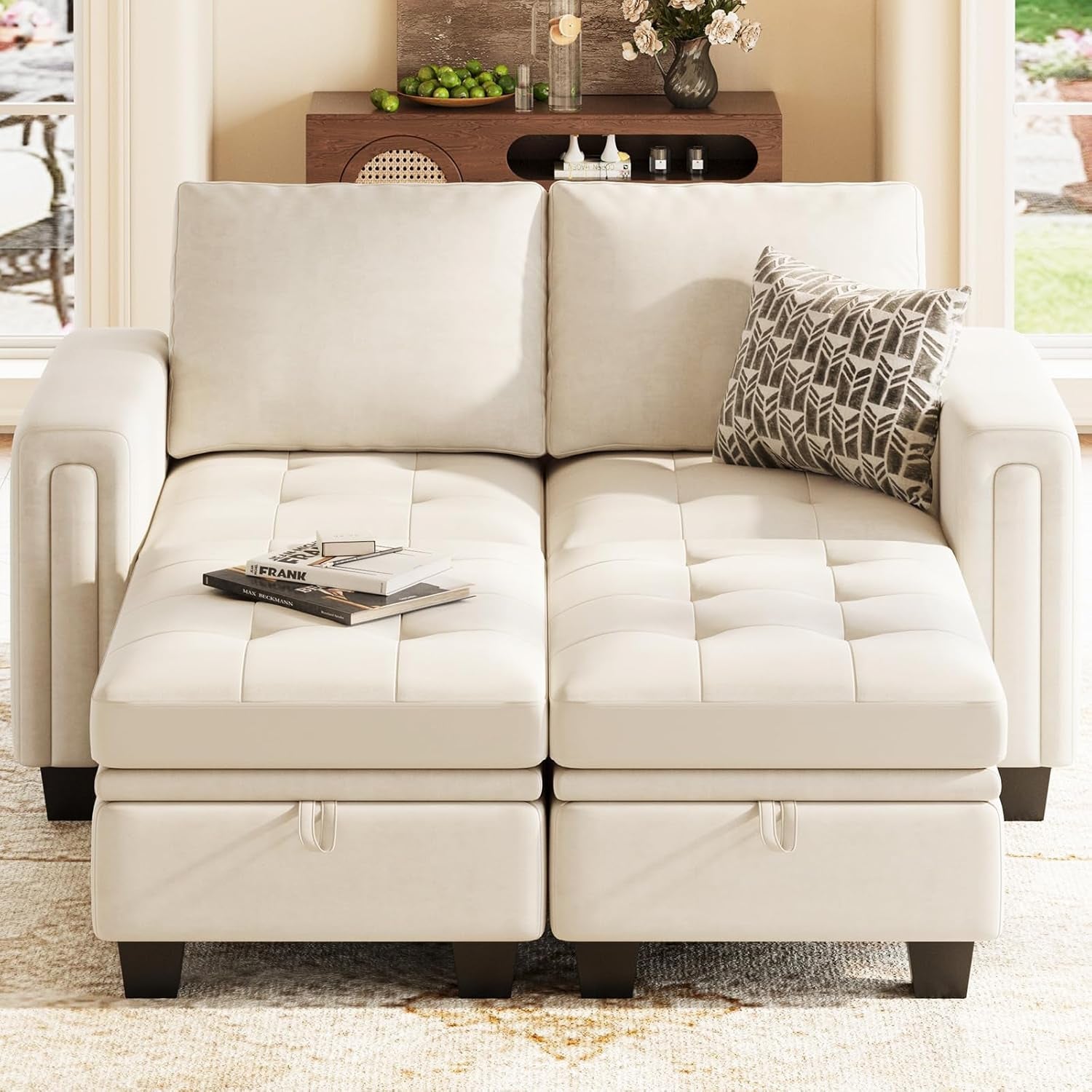 Velvet Modular Sectional Sofa Couch with Storage Convertible Sectional Sleeper Sofa Couch Bed Set with Reversible Chaise Beige-4