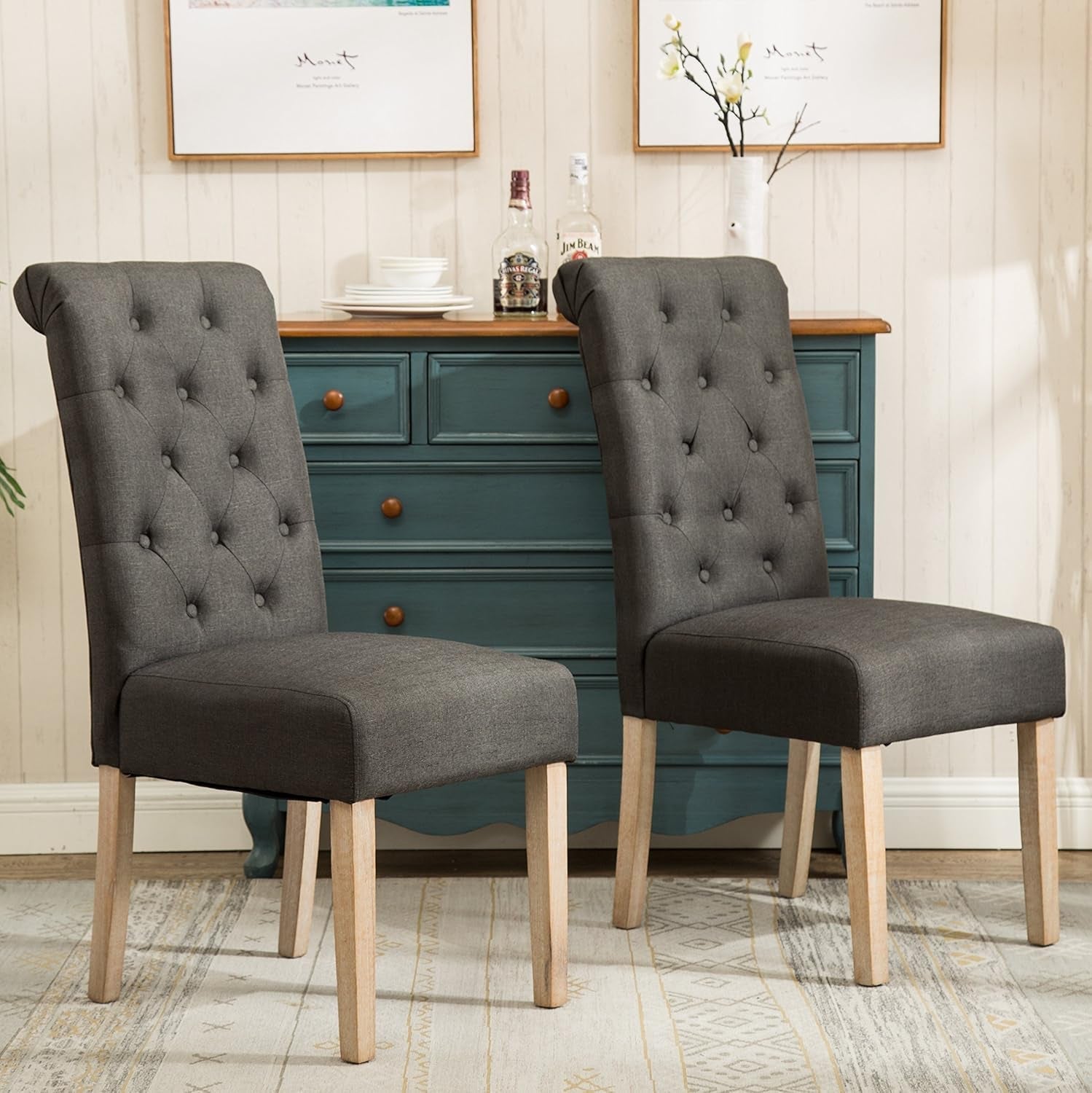 Habit Solid Wood Tufted Parsons Charcoal Dining Chair, Set of 2-2