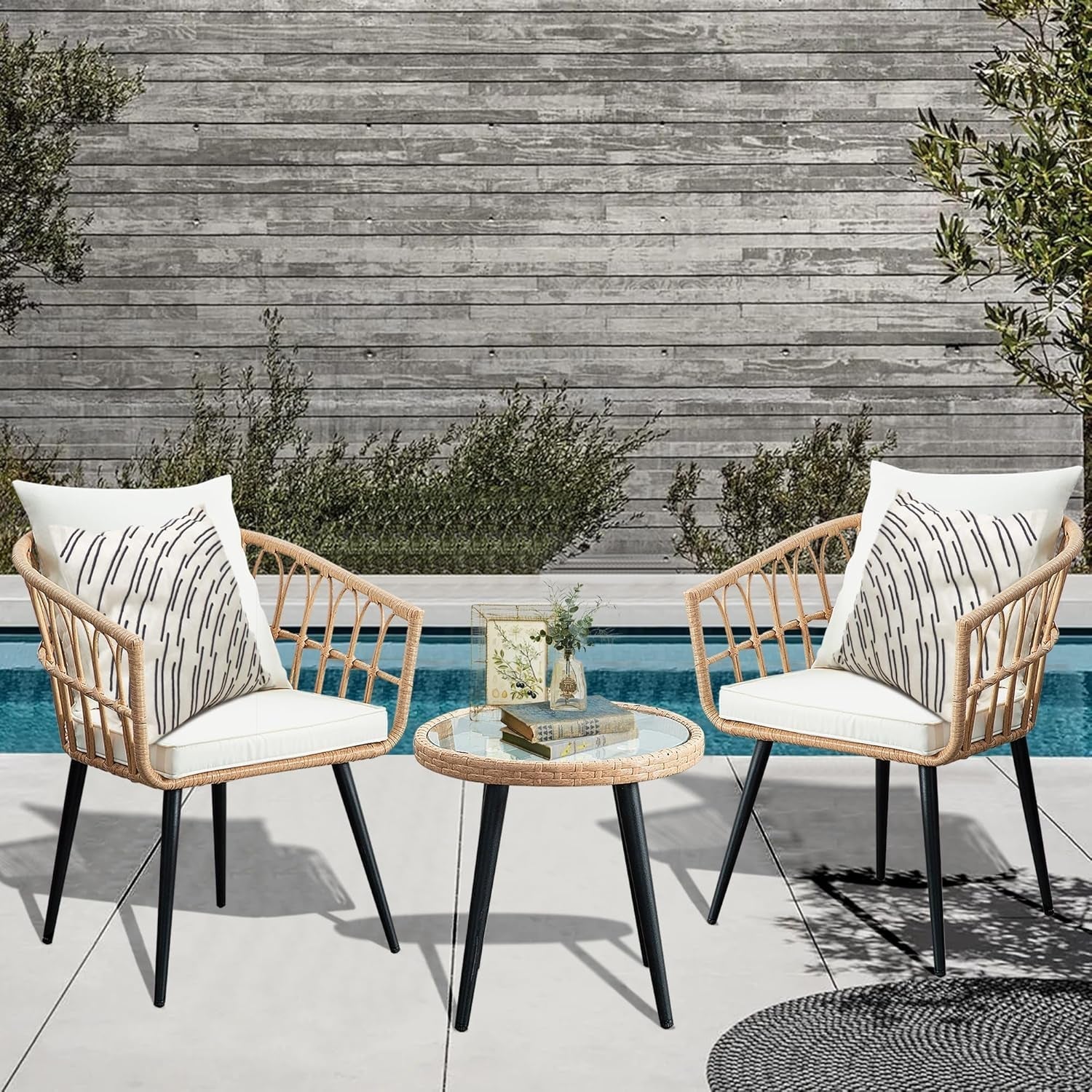 3 Piece Patio Bistro Set, Outdoor Wicker Apartment Balcony Furniture Sets, Rattan Table and Chairs Set of 2 for Porch Backyard Lawn Poolside Deck, Beige-0