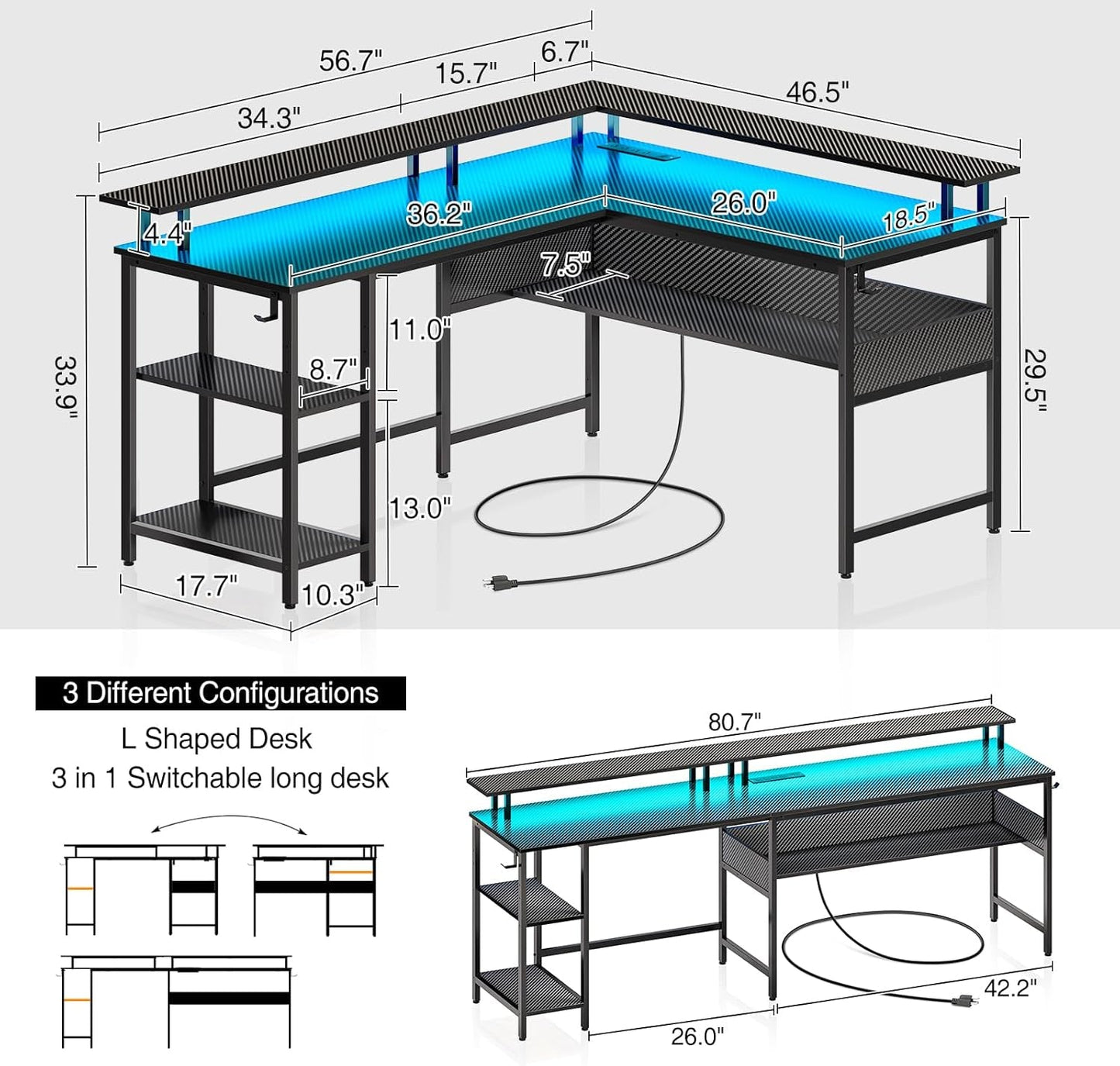 Computer Desk 56.7" with LED Lights and Power Outlets, Carbon Fiber Surface, Reversible L Shaped Gaming Desk with Monitor Stand, Office Desk with Storage, Desk with USB Port and Hook-2