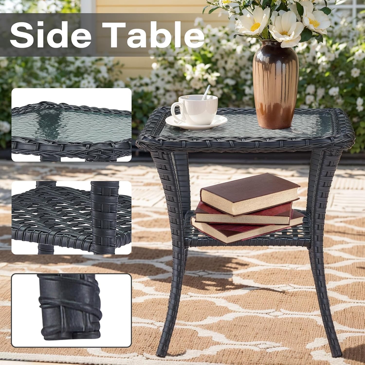 3 Pieces Black Wicker Patio Furniture Outdoor Swivel Rocker Patio Glider Chairs Set of 2 with Side Table Beige Cushion-4