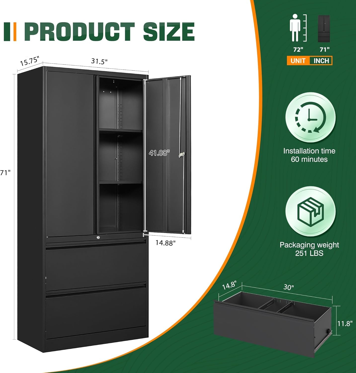 File Cabinet for Home Office, Metal Storage Cabinets with Adjust Shelves and Lock,2 Drawers Filing Cabinets-Hang Legal/Letter/A4/F4 Size Filing-Black-2