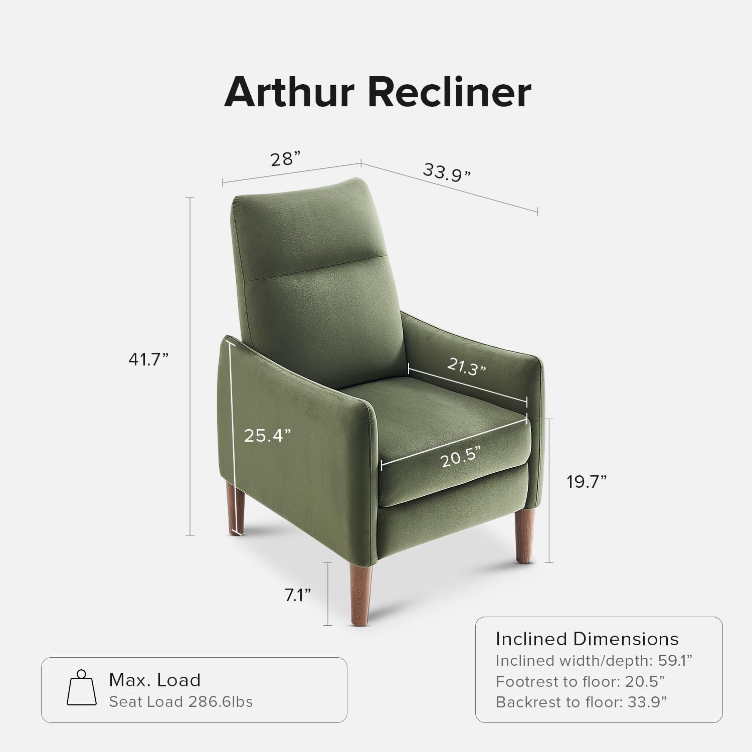 Arthur Recliner Chair with 3 Positions, Accent Chair, Mid Century Modern Reading Chair, High Back Padded Support Comfy Sleeper Armchair (Olive Green Velvet)-1