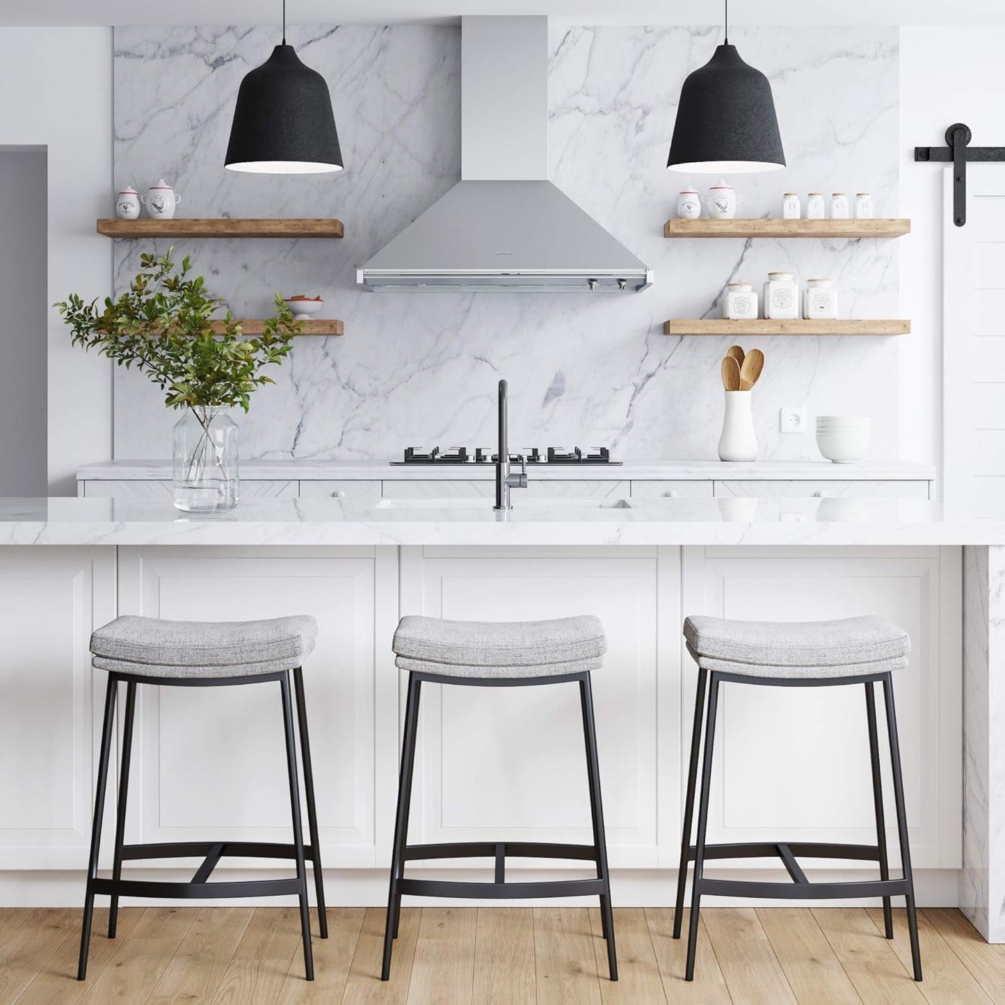 22201 Arlo Modern Backless Upholstered Kitchen Counter Bar Stool with Double-Layered Saddle Seat and Metal Base, Grey/ Matte Black-1
