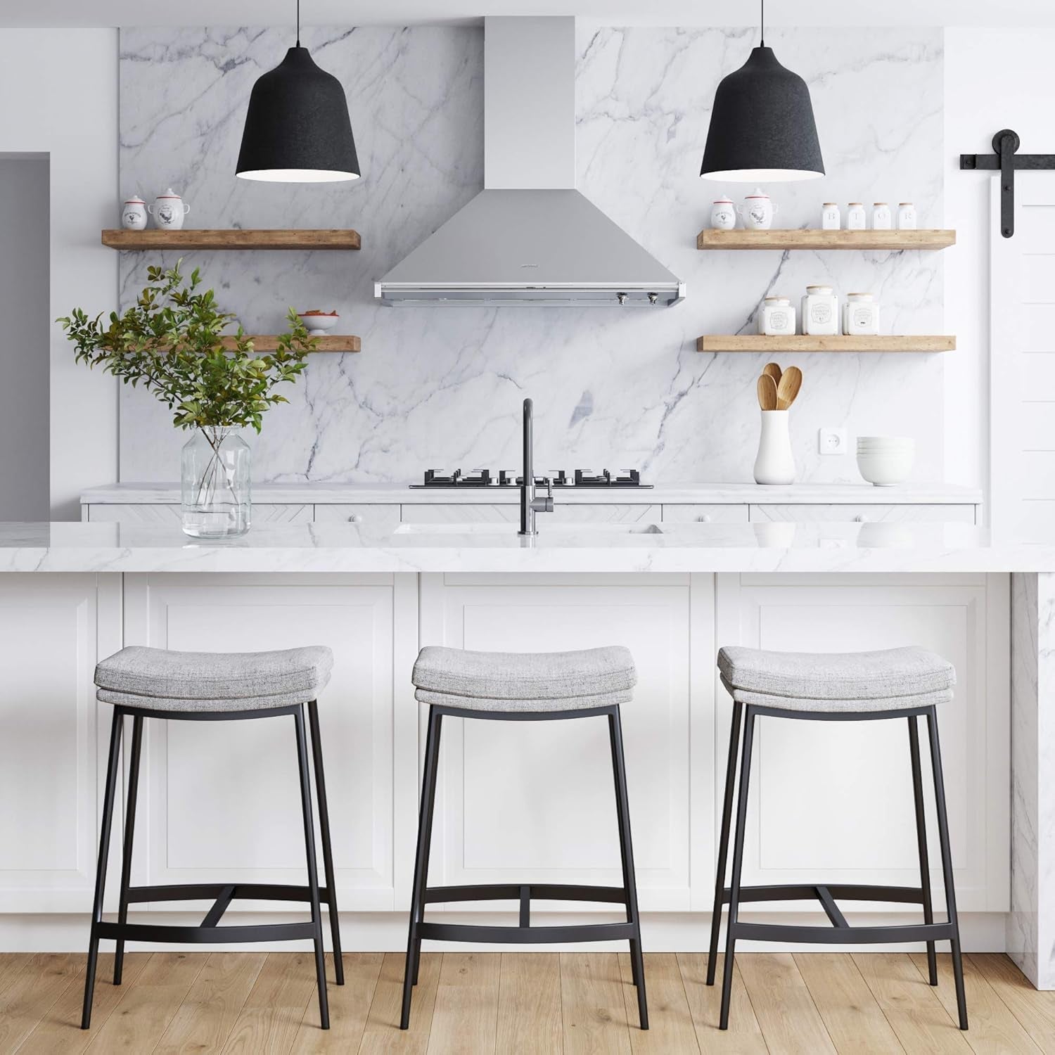 22201 Arlo Modern Backless Upholstered Kitchen Counter Bar Stool with Double-Layered Saddle Seat and Metal Base, Grey/ Matte Black-1