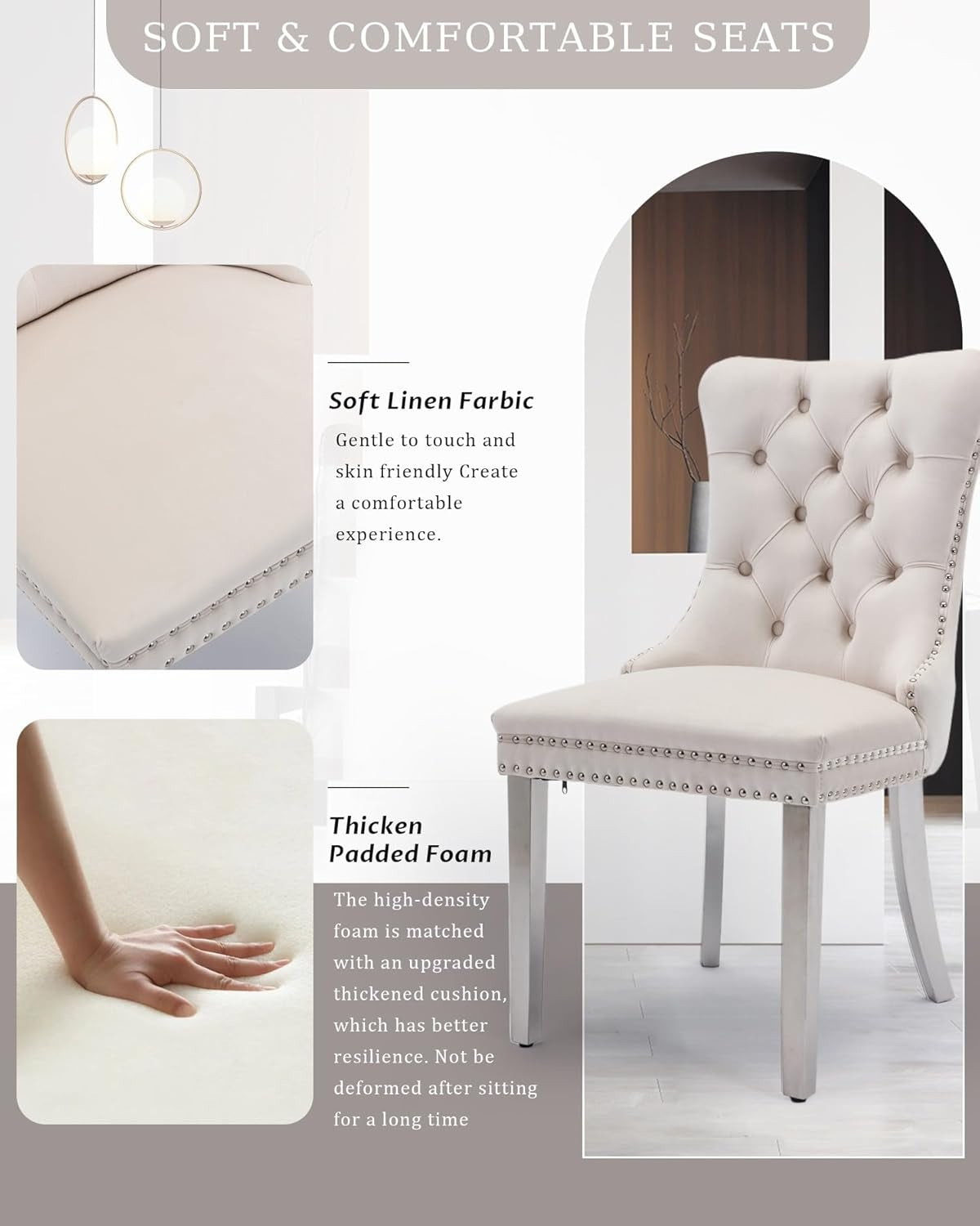 Velvet Dining Chair Set of 2 Upholstered Tufted Dining Room Chair with Nailhead Trim and Stainless Steel Silver Plated Legs for Kitchen, Restaurant, Beige-2