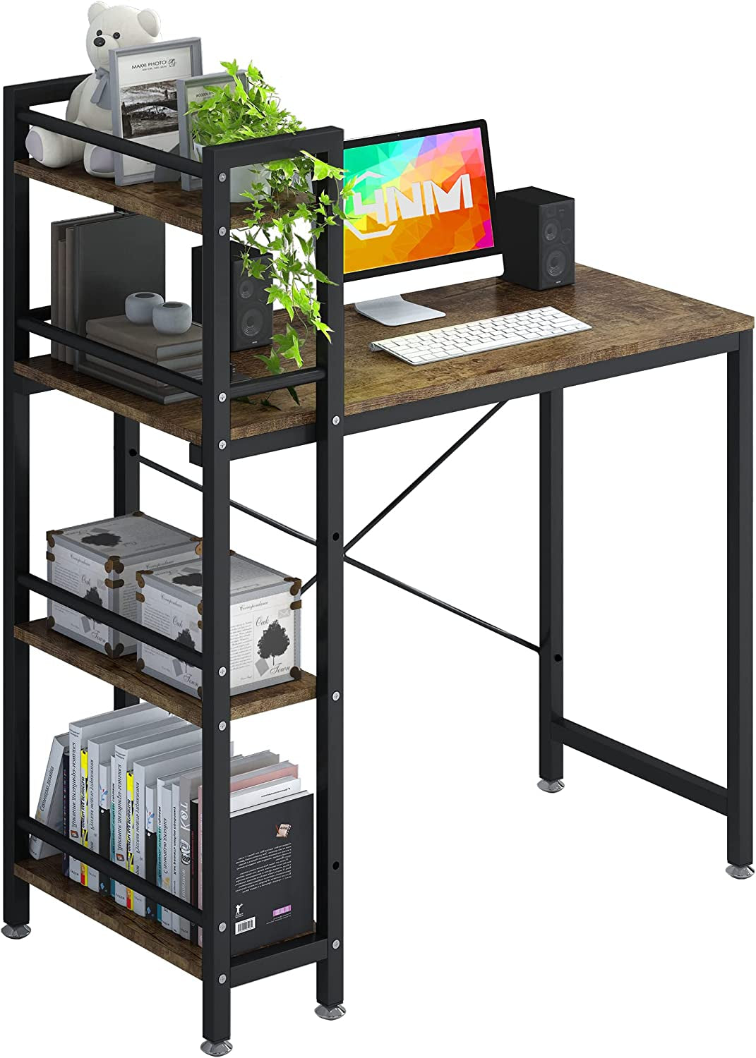Small Rustic Desk with 4-Tier Bookshelf-0